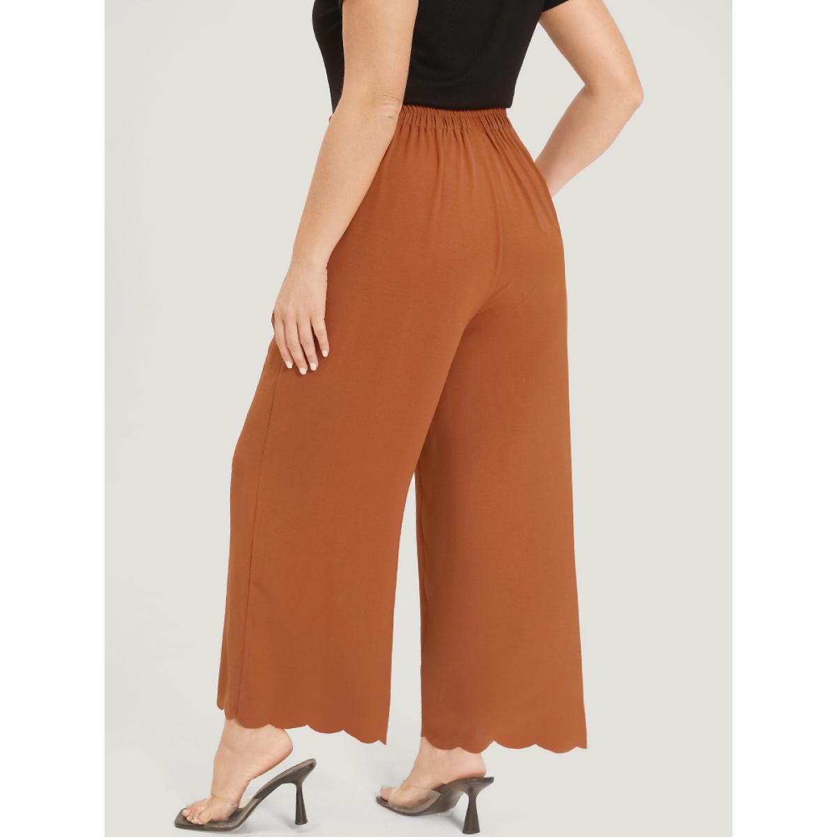 Plus Size Solid Button Detail Ruched Pocket Scalloped Trim Pants Women Rust Elegant Straight Leg High Rise Dailywear Pants BloomChic 10/M Product Image