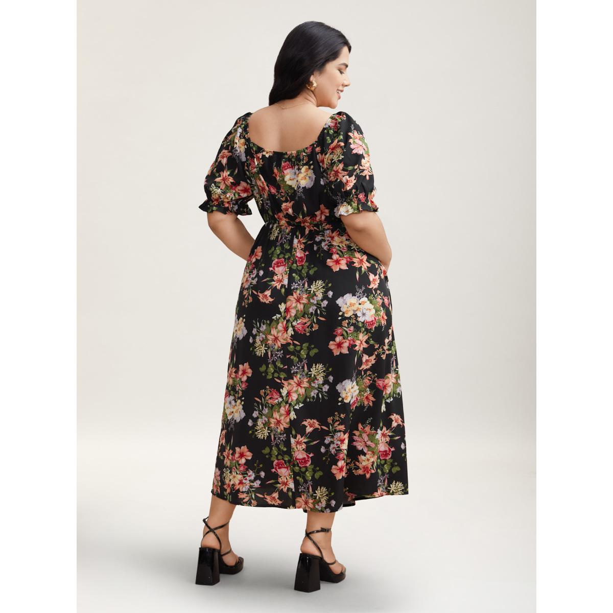 Plus Size Sweetheart Neckline Drawstring Floral Midi Dress Black Women Elegant Drawstring Heart neckline Half Sleeve Curvy BloomChic 14-16/1X Product Image