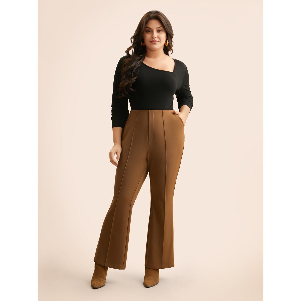 Plus Size Solid Seam Detail Flare Leg Pants Women Yellowishbrown Elegant Flare Leg Mid Rise Everyday Pants BloomChic 30/6X Product Image