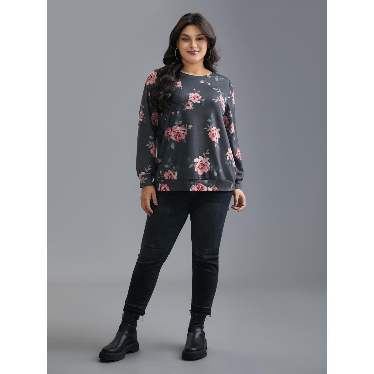 Plus Size Stretchy Floral Paint Sweatshirt Women BlackFlower Casual Contrast Round Neck Everyday Sweatshirts BloomChic 18-20/2X Product Image