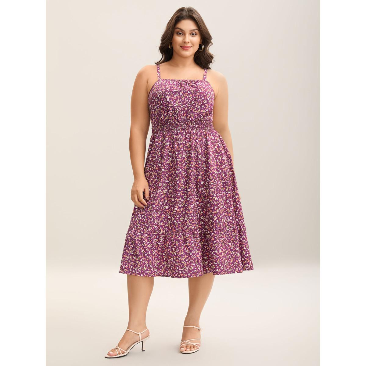 Plus Size Floral Print Shirred Pockets Midi Dress Deeppurplered Women Elegant Shirred Square Neck Sleeveless Curvy BloomChic 30/6X Product Image