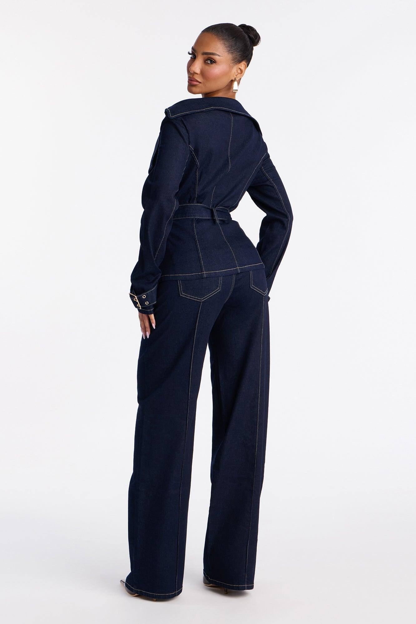 Ellanor Belted Trench Denim Pant Set - Dark Denim Female Product Image