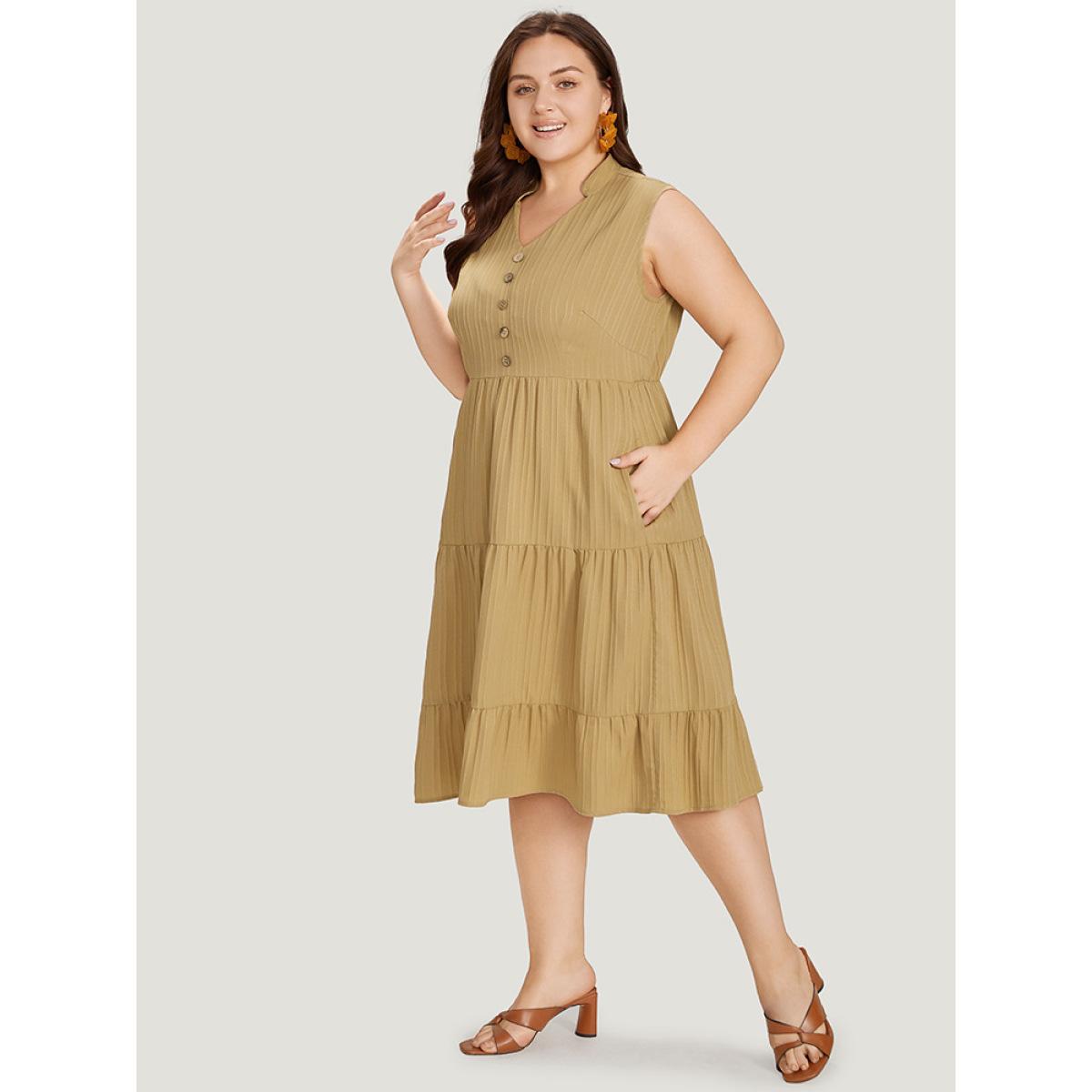 Plus Size Textured Button Detail Ruffle Layered Hem Sleeveless Dress LightBrown Women Elegant Button Stand-up collar Sleeveless Curvy Midi Dress BloomChic 14-16/1X Product Image