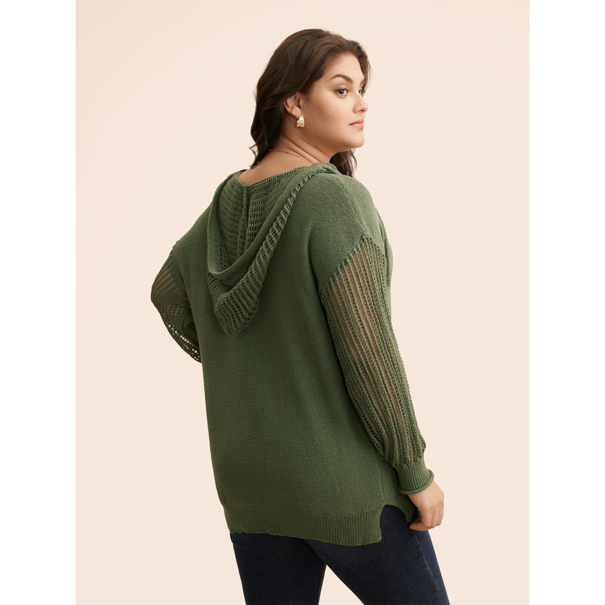 Plus Size Hooded Drawstring Cut Out Pocket Pullover ArmyGreen Women Leisure Three Quarter Length Sleeve V-neck Casual Pullovers BloomChic 10/M Product Image