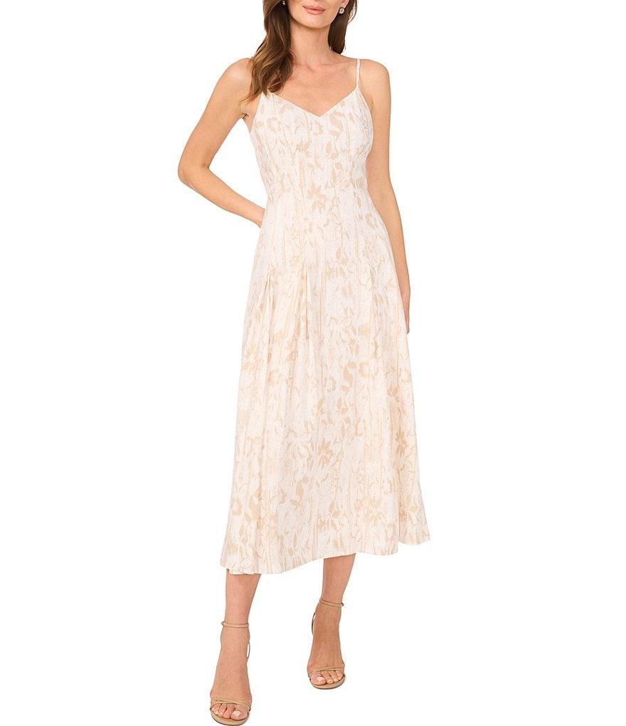 Vince Camuto Printed V-Neck Sleeveless A Line Midi Dress Product Image