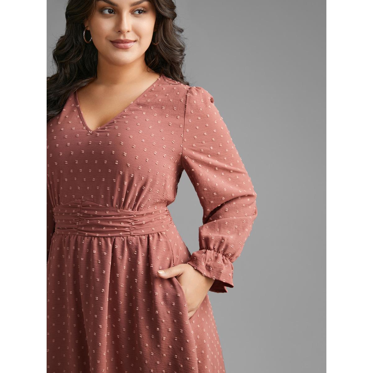 Plus Size Solid Texture Ruffles Shirred Gathered Dress DustyPink Women Elegant Texture V-neck Long Sleeve Curvy BloomChic 10/M Product Image