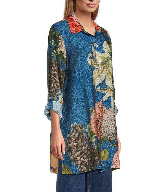 John Mark Large Multi Floral Print Point Collar Long Sleeve Roll Tab Button Up Tunic Product Image