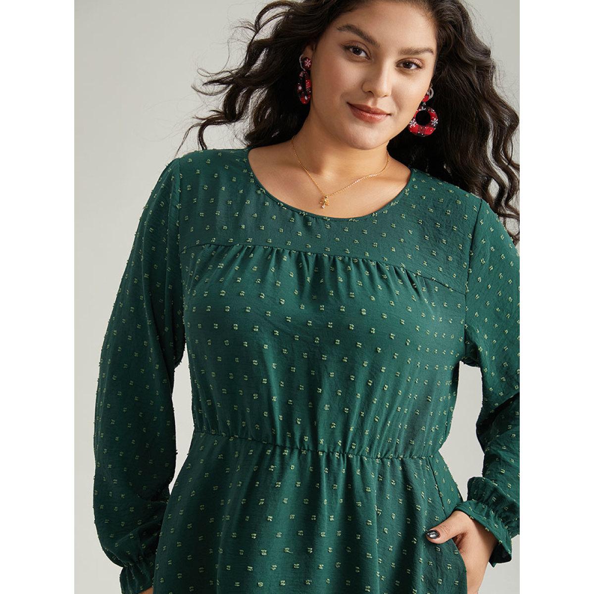 Plus Size Plisse Polka Dot Pocket Layered Hem Dress DarkGreen Women Elegant Texture Round Neck Long Sleeve Curvy Midi Dress BloomChic 12/L Product Image