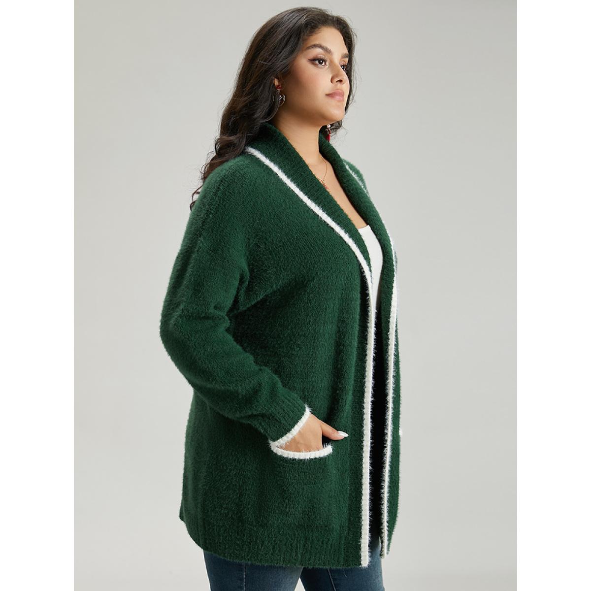 Plus Size Contrast Trim Fuzzy Patched Pocket Cardigan DarkGreen Women Casual Loose Long Sleeve Festival-Christmas Cardigans BloomChic 28/5X Product Image