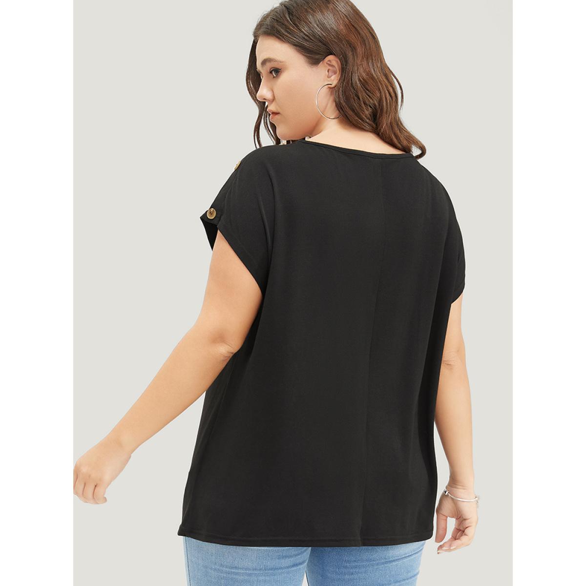 Plus Size Solid Button Detail Round Neck Batwing Sleeve T-shirt Black Women Casual Plain Round Neck Dailywear T-shirts BloomChic 12/L Product Image