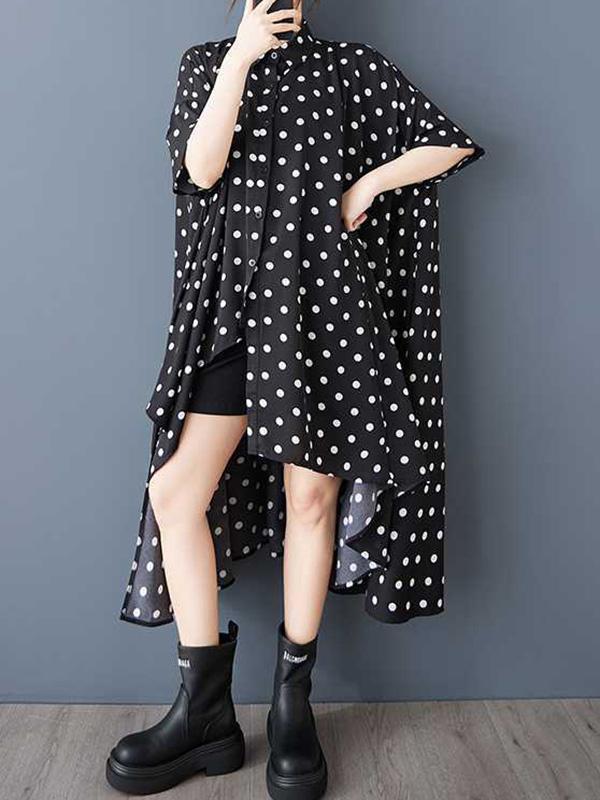 A-Line High-Low Asymmetric Buttoned Polka-Dot Lapel Midi Dresses Shirt Dress Product Image