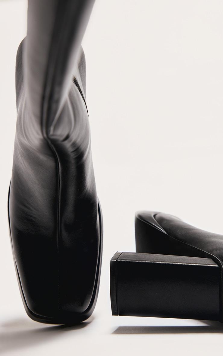 Black PU Square Toe Slight Platform Knee High Heeled Boots Product Image