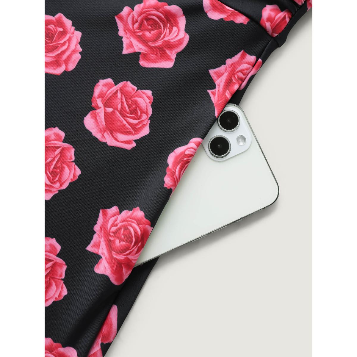 Plus Size Anti-Float Tie Rosy Print Swim Dress Women's Swimwear Black Beach Bodycon Overlap Collar High stretch Curve Swim Dresses BloomChic 30/6X Product Image