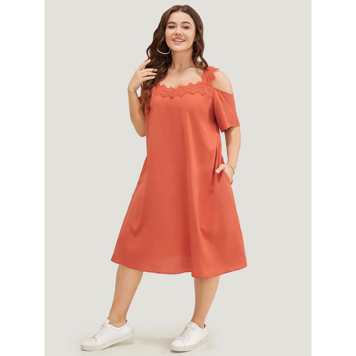 Plus Size Solid Contrast Lace Pocket Cold Shoulder Midi Dress Coral Women Casual Lace Cold Shoulder Short sleeve Curvy Midi Dress BloomChic 14-16/1X Product Image
