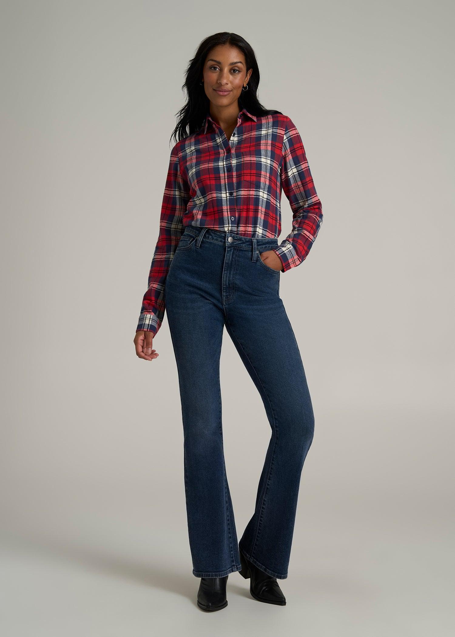 Flannel Button-Up Shirt for Tall Women in Rich Red Plaid Product Image