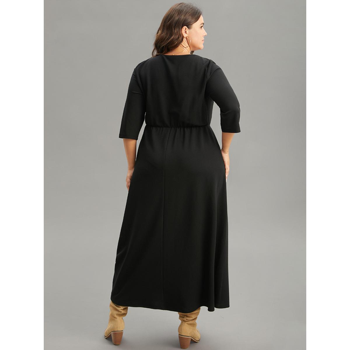 Plus Size Plaid Patchwork Contrast Square Neck Dress Black Women Casual Printed Square Neck Elbow-length sleeve Curvy Midi Dress BloomChic 14-16/1X Product Image