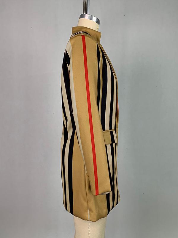 Long Sleeves Loose Buttoned Split-Joint Striped Stand Collar Woolen Coat Product Image