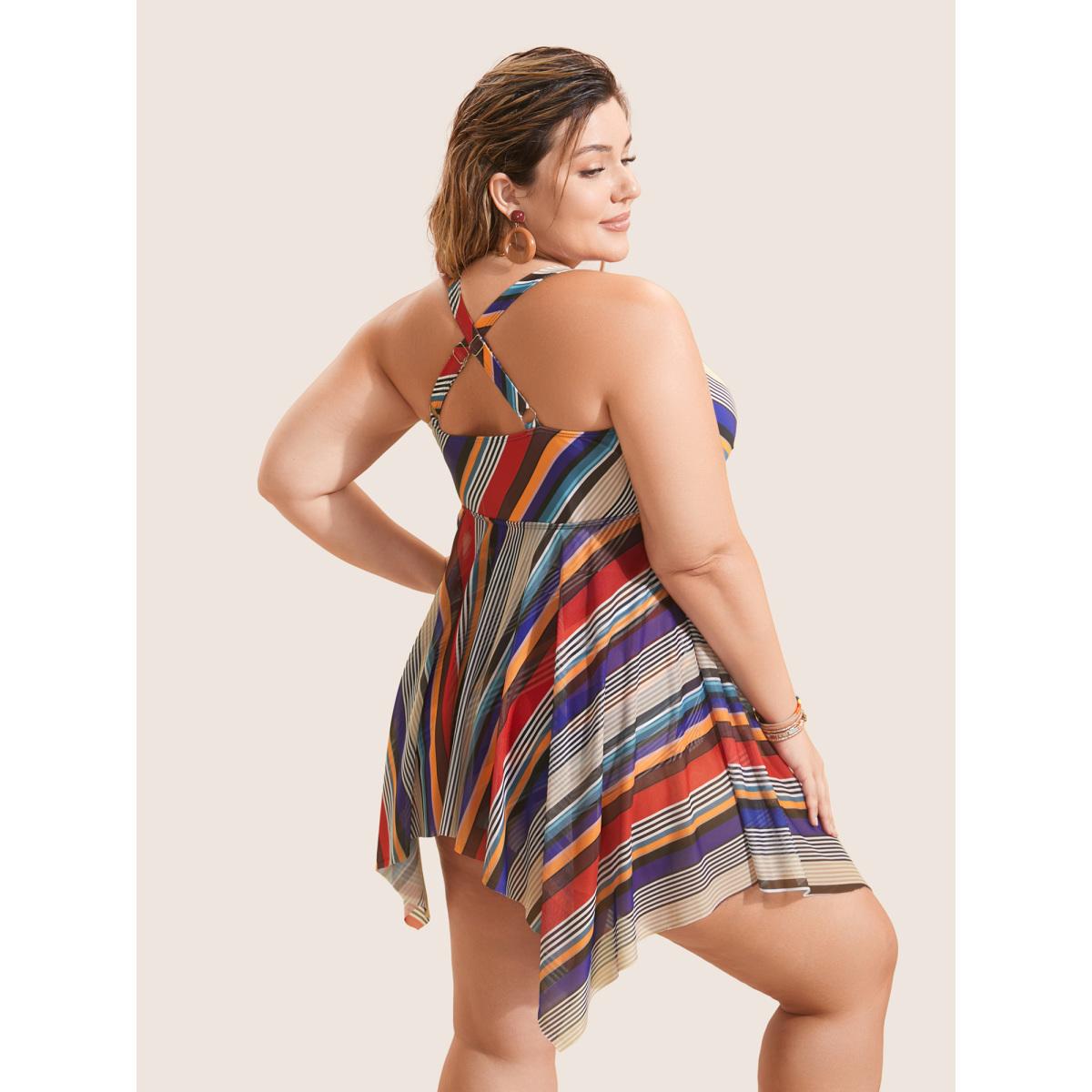 Plus Size Color Stripes Twist Hanky Hem Swim Dress Women's Swimwear Multicolor Beach Bodycon V-neck High stretch Curve Swim Dresses BloomChic 26/4X Product Image
