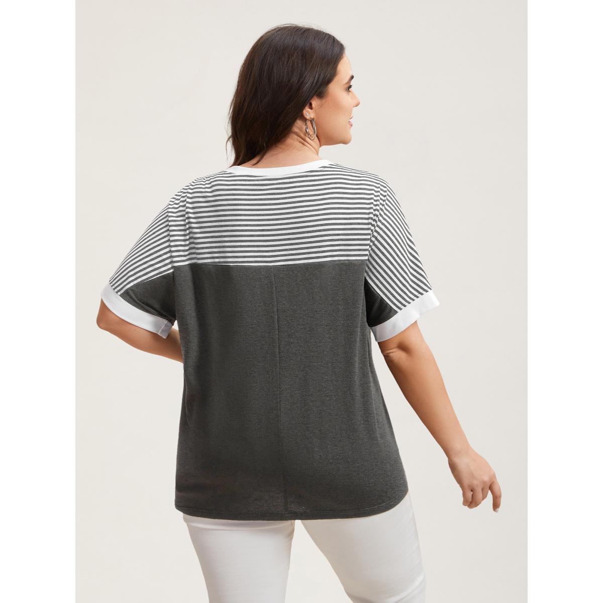Plus Size Solid and Striped Contrast Hem T-Shirt DarkGray Women Leisure Contrast Round Neck Casual T-shirts BloomChic 30/6X Product Image