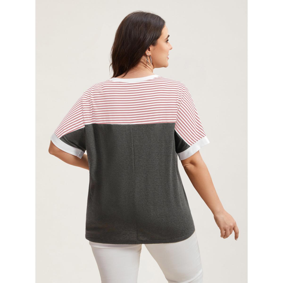 Plus Size Solid and Striped Contrast Hem T-Shirt Crepe Women Casual Contrast Round Neck Everyday T-shirts BloomChic 14-16/1X Product Image