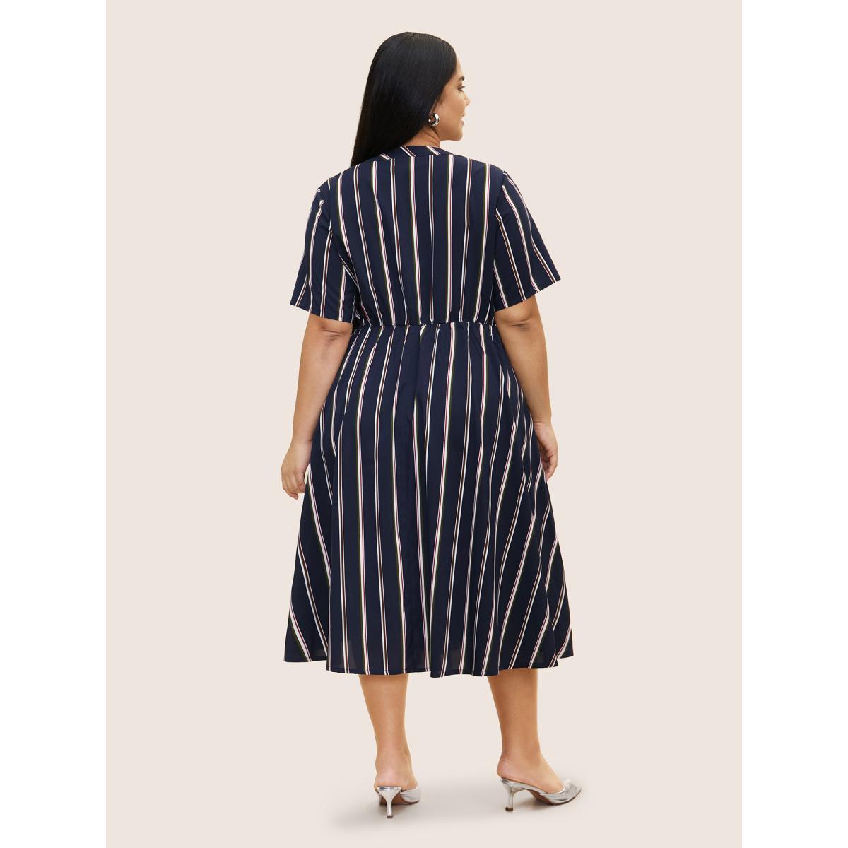 Plus Size Notched Collar Striped Elastic Waist Midi Dress DarkBlue Women At the Office Button Notched collar Short sleeve Curvy BloomChic 10/M Product Image