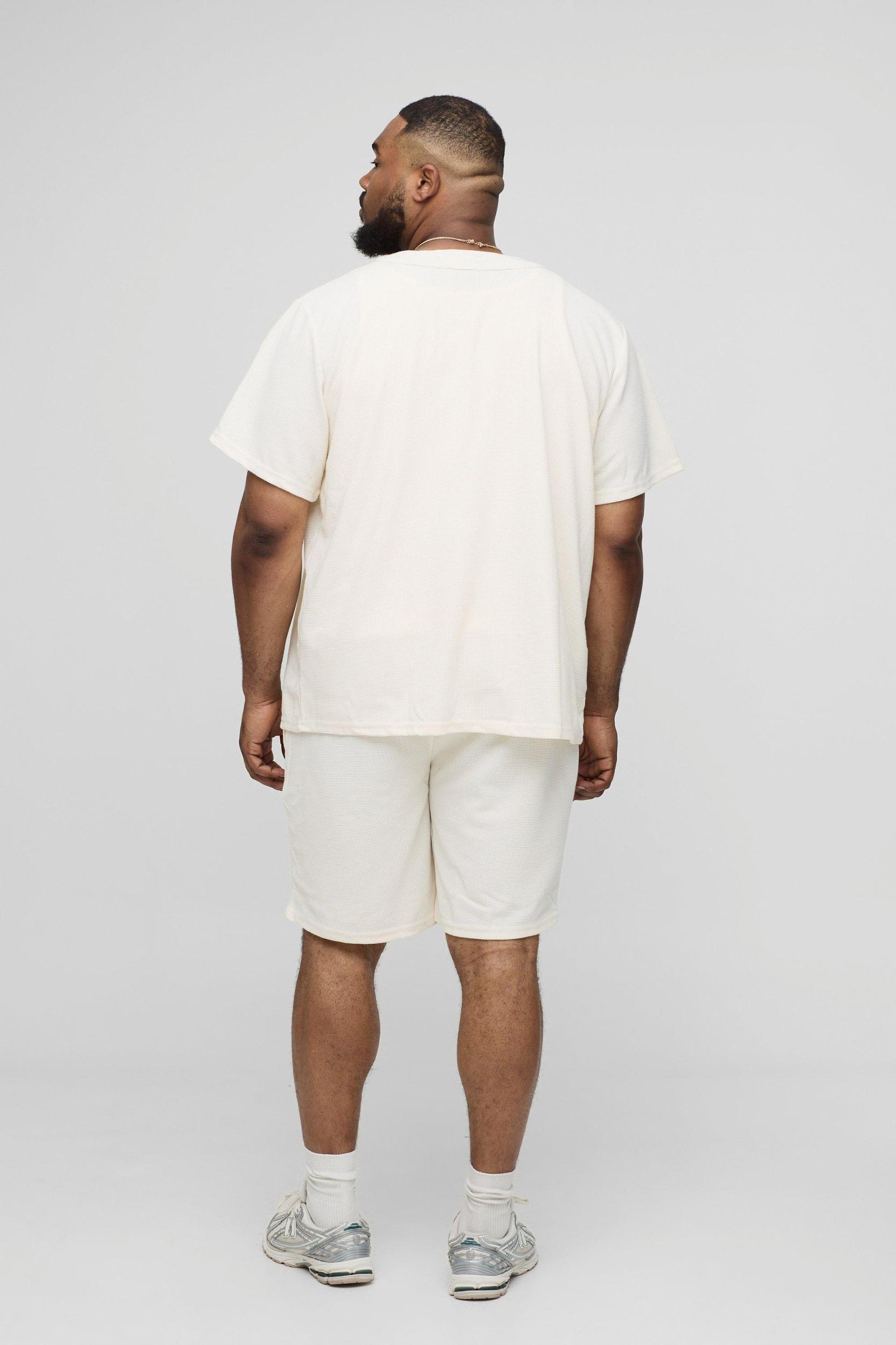 Plus Waffle Regular Fit Baseball Shirt and Short Set | boohooMAN USA Product Image