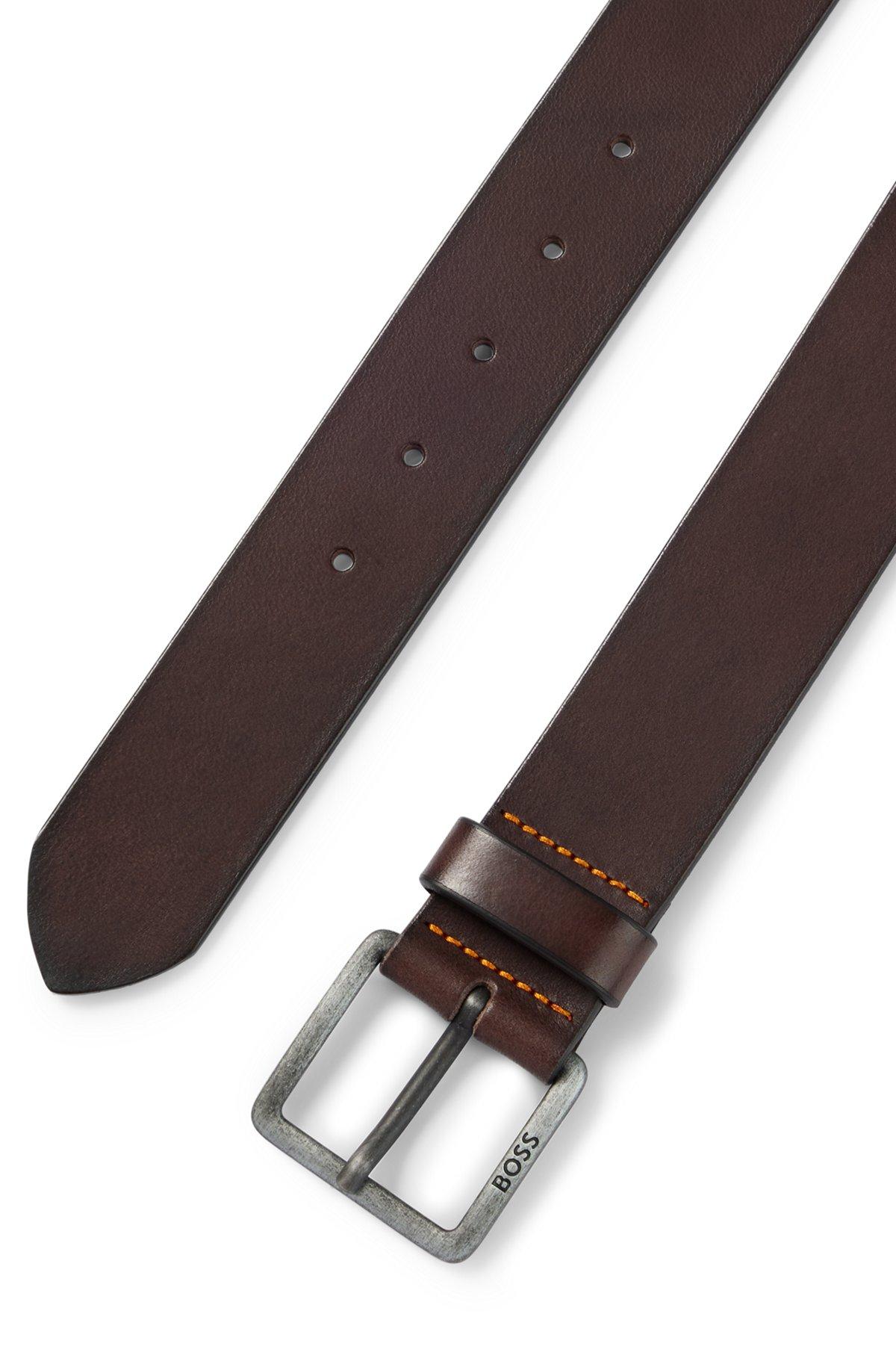 Leather belt with logo and dark ruthenium hardware Product Image