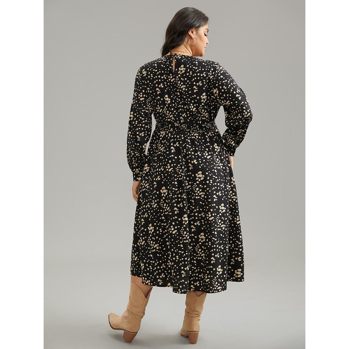 Plus Size Graphic Two Tone Shirred Surplice Neck Dress Black Women Elegant Printed V-neck Long Sleeve Curvy Midi Dress BloomChic 30/6X Product Image
