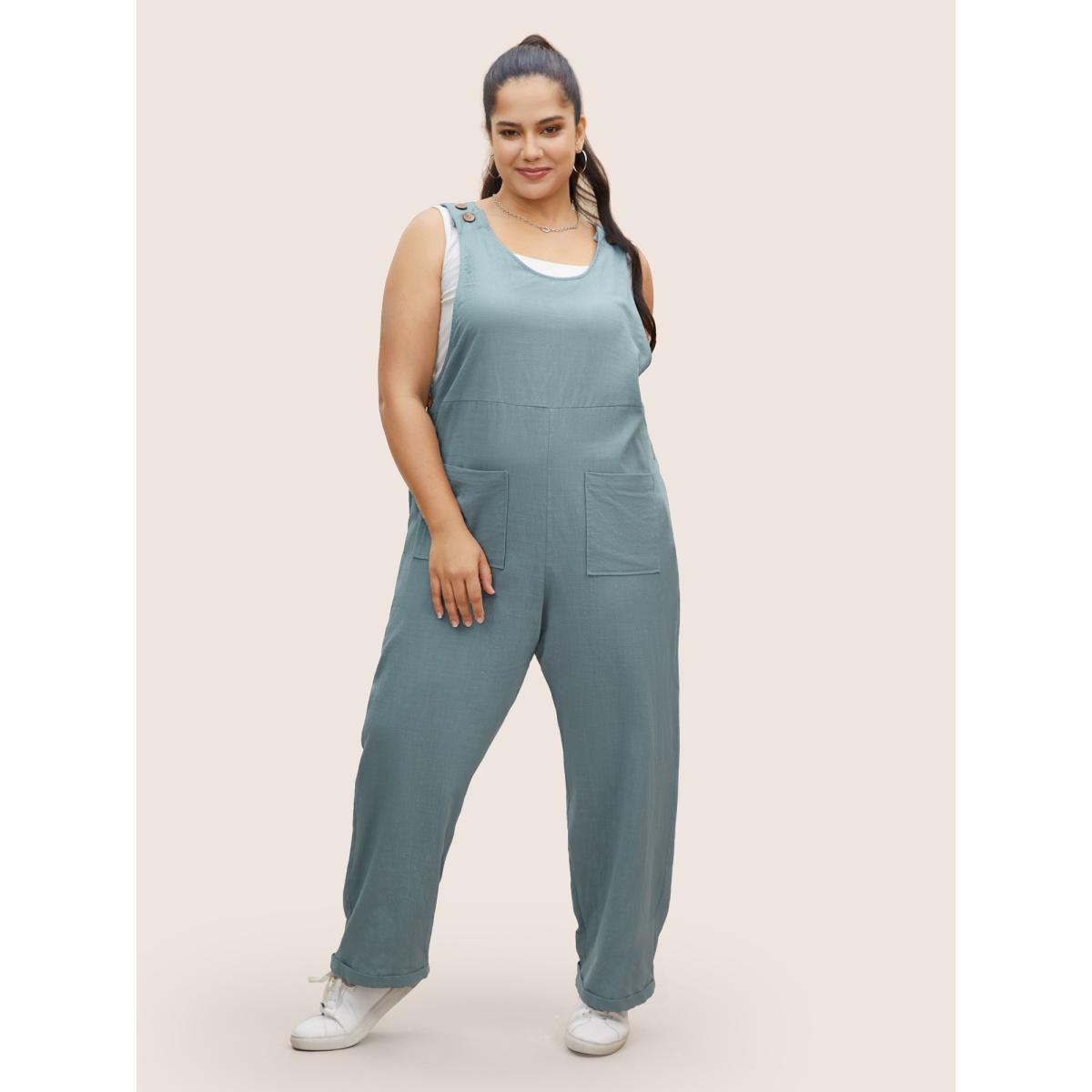 Plus Size Stone Cotton Solid Patch Pocket Button Detail Jumpsuit Women Casual Sleeveless Non Everyday Loose Jumpsuits BloomChic 28/5X Product Image