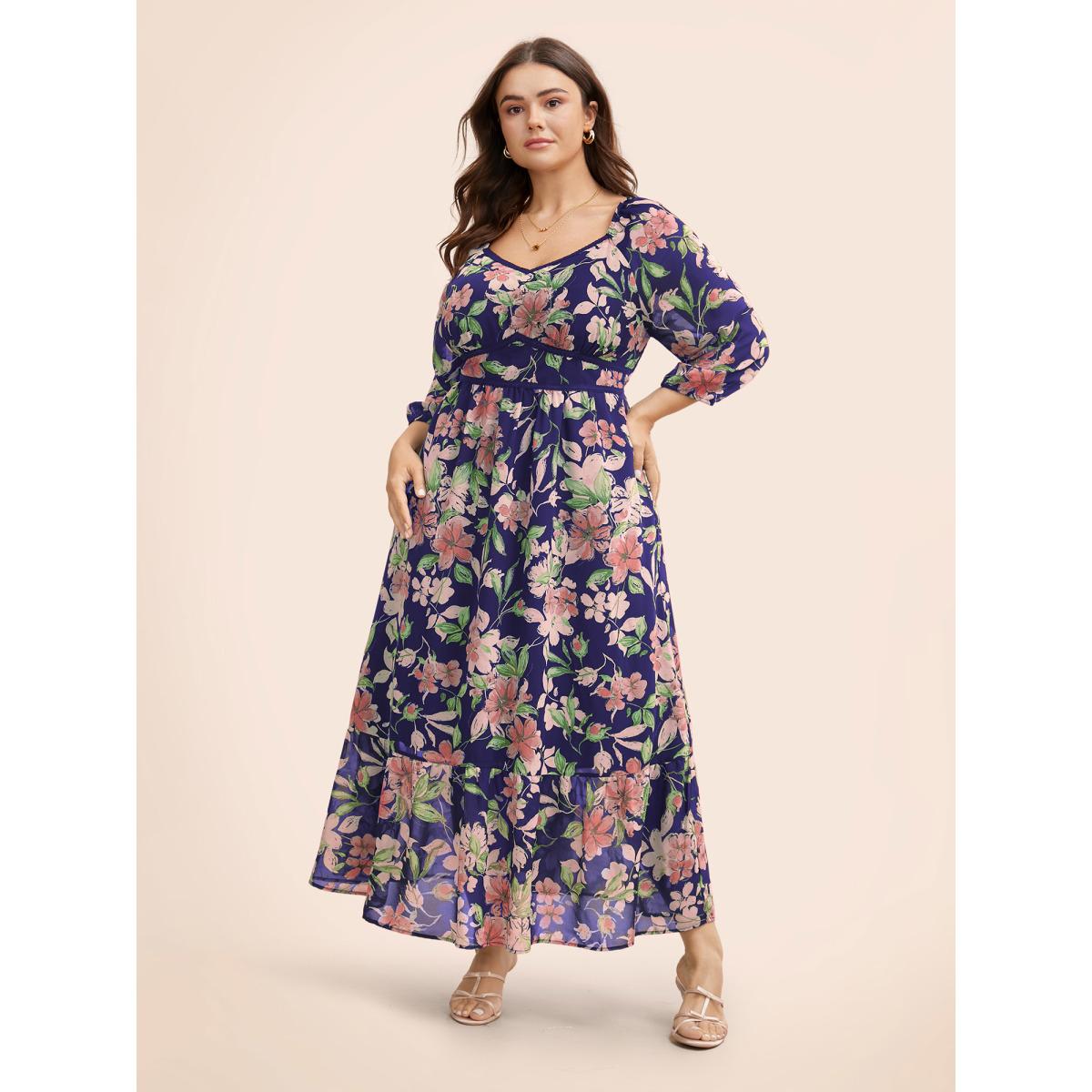 Plus Size Floral Heart Neckline Woven Ribbon Gathered Dress Navy Women Timeless Woven ribbon&lace trim Heart neckline Elbow-length sleeve Curvy BloomChic 30/6X Product Image
