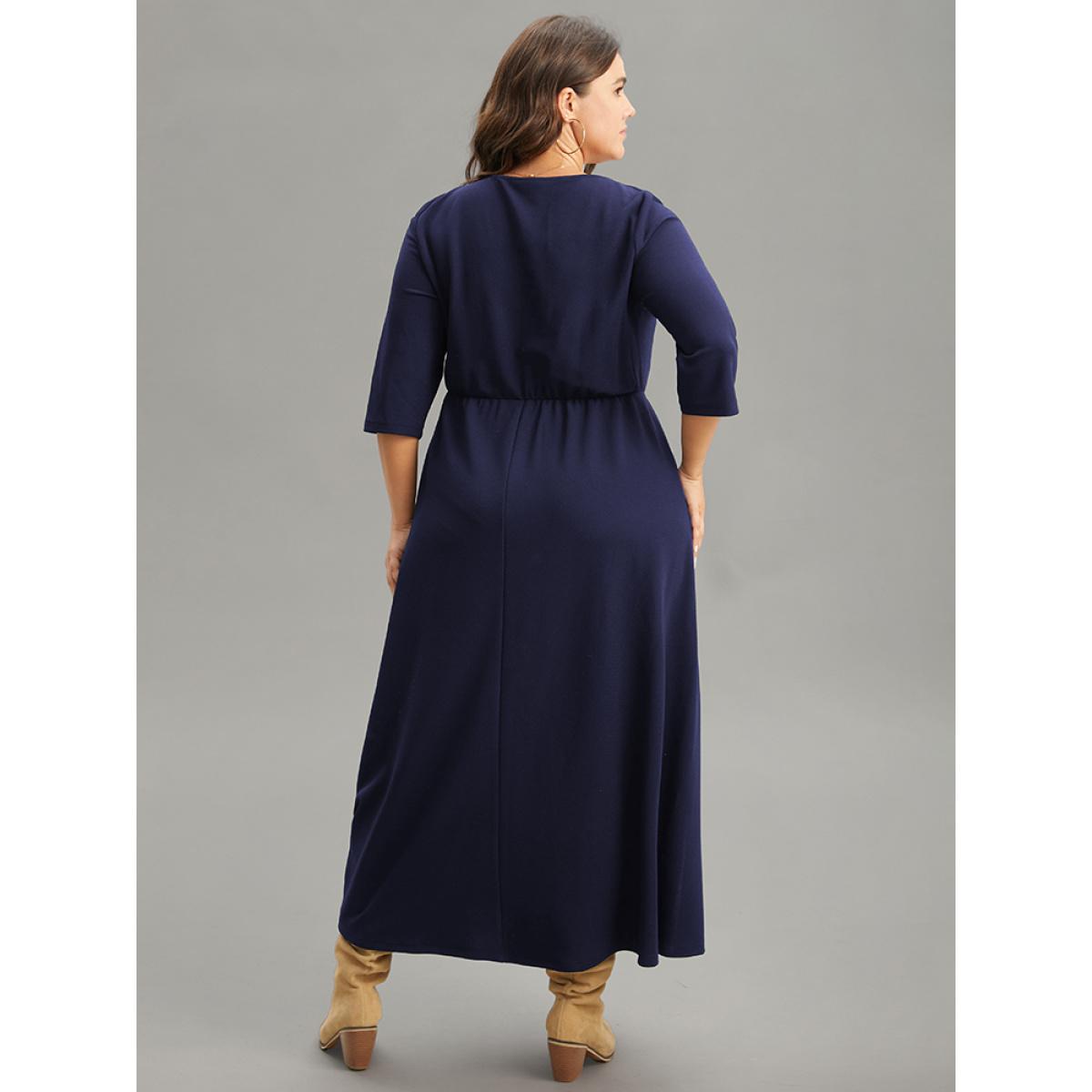 Plus Size Plaid Patchwork Contrast Square Neck Dress DarkBlue Women Casual Printed Square Neck Elbow-length sleeve Curvy Midi Dress BloomChic 28/5X Product Image