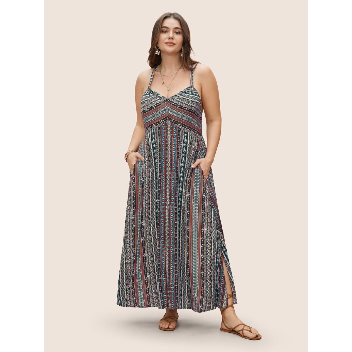 Plus Size Boho Print Elastic Waist Split Hem Cami Dress Black Women Resort Non V-neck Sleeveless Curvy BloomChic 10/M Product Image