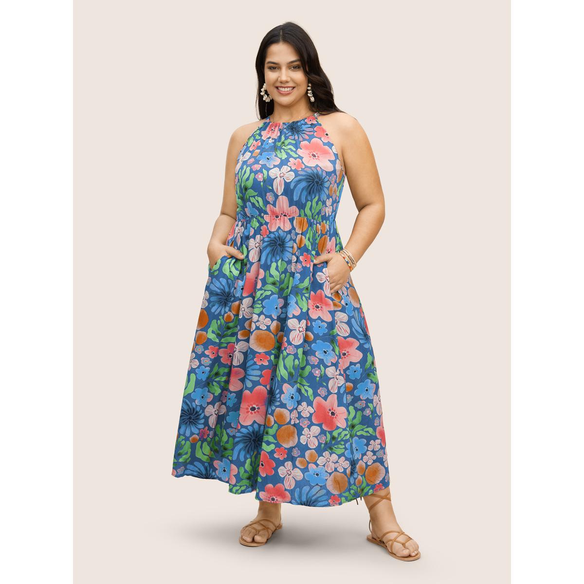 Plus Size Floral Printed Patchwork Side Seam Pocket Dress Skyblue Women Resort Gathered Non Sleeveless Curvy BloomChic 28/5X Product Image