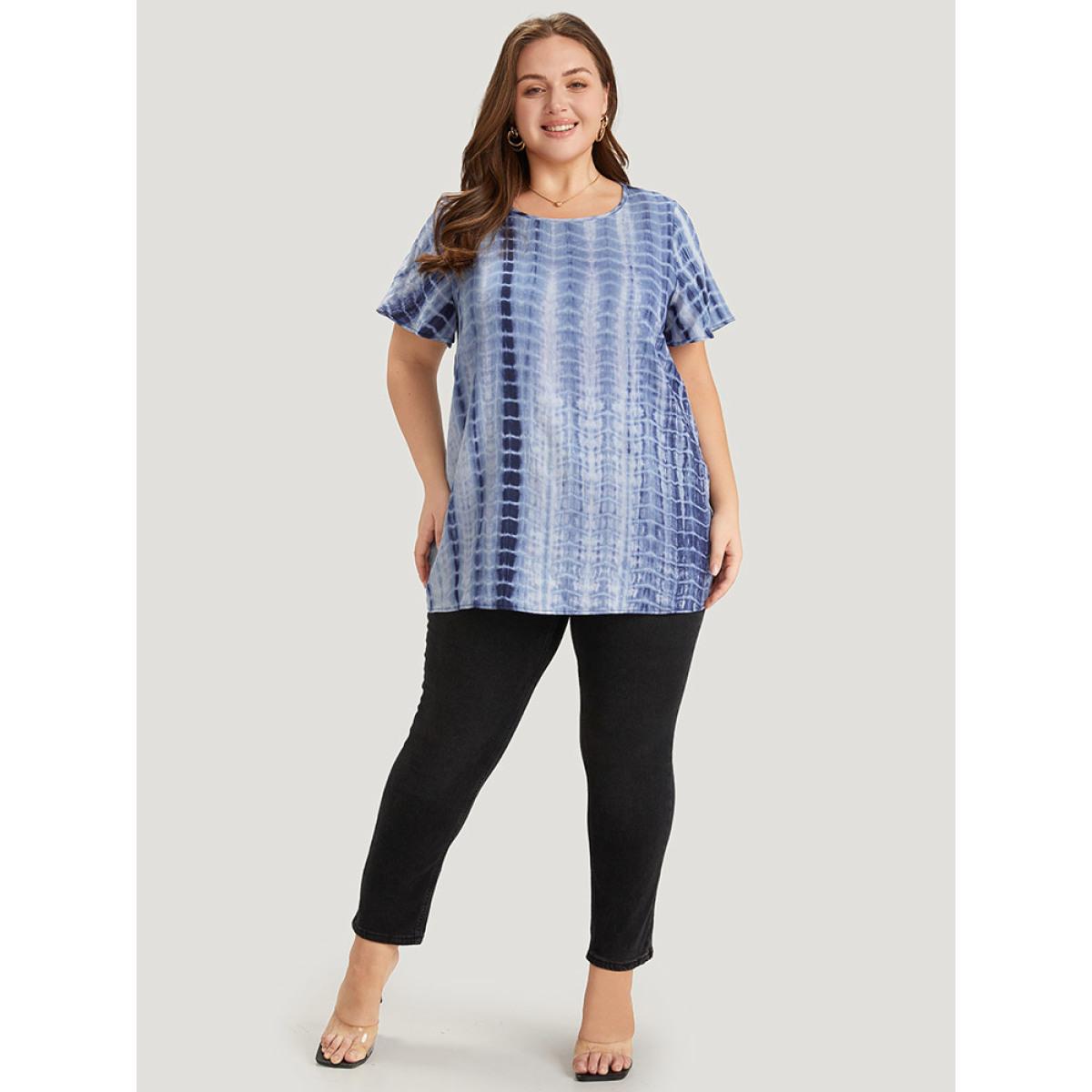 Plus Size Blue Tie Dye Ruffle Sleeve Crew Neck Blouse Women Vacation Short sleeve Round Neck Dailywear Blouses BloomChic 30/6X Product Image