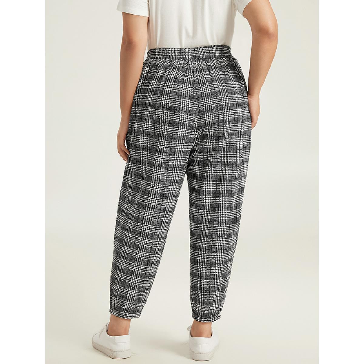 Houndstooth Ties Elastic Waist Sweatpants Black Plus Size Women Casual Dailywear Cross straps 10/M Bloomchic Product Image
