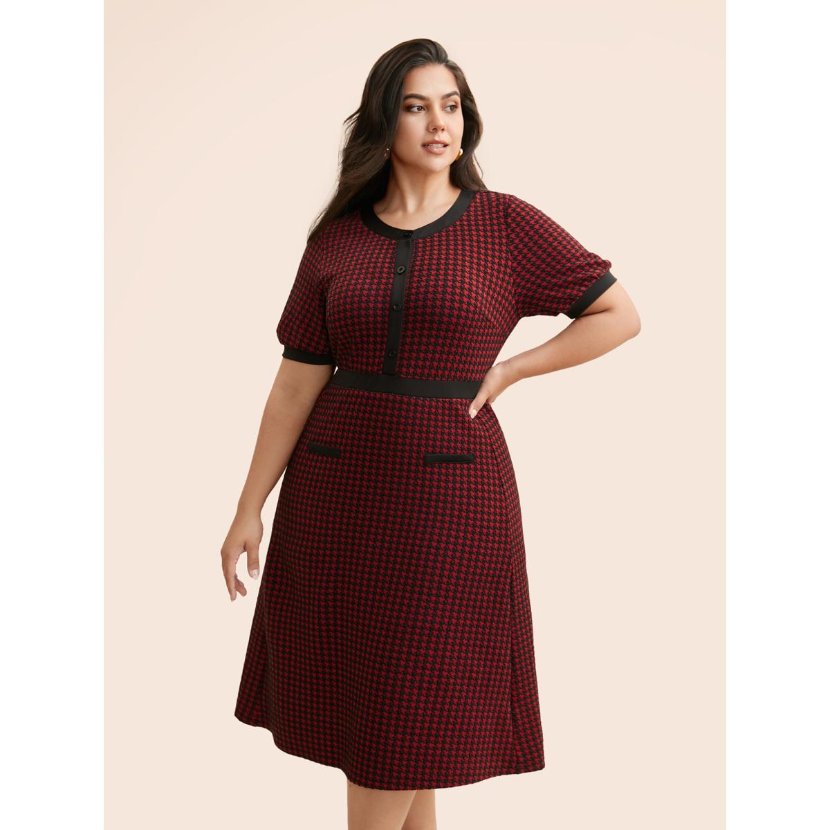 Plus Size Houndstooth Button Up Flap Detail Dress Scarlet Women Casual Contrast Round Neck Short sleeve Curvy BloomChic 18-20/2X Product Image