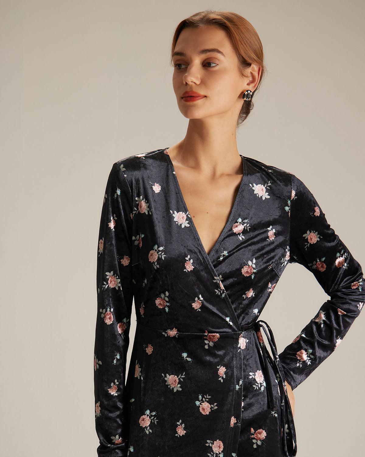 The Black V Neck Floral Velvet Wrap Midi Dress Product Image