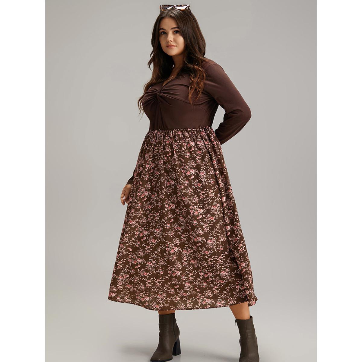 Plus Size Twist Front Ditsy Floral Patchwork Dress DarkBrown Women Elegant Elastic cuffs V-neck Long Sleeve Curvy Midi Dress BloomChic 30/6X Product Image