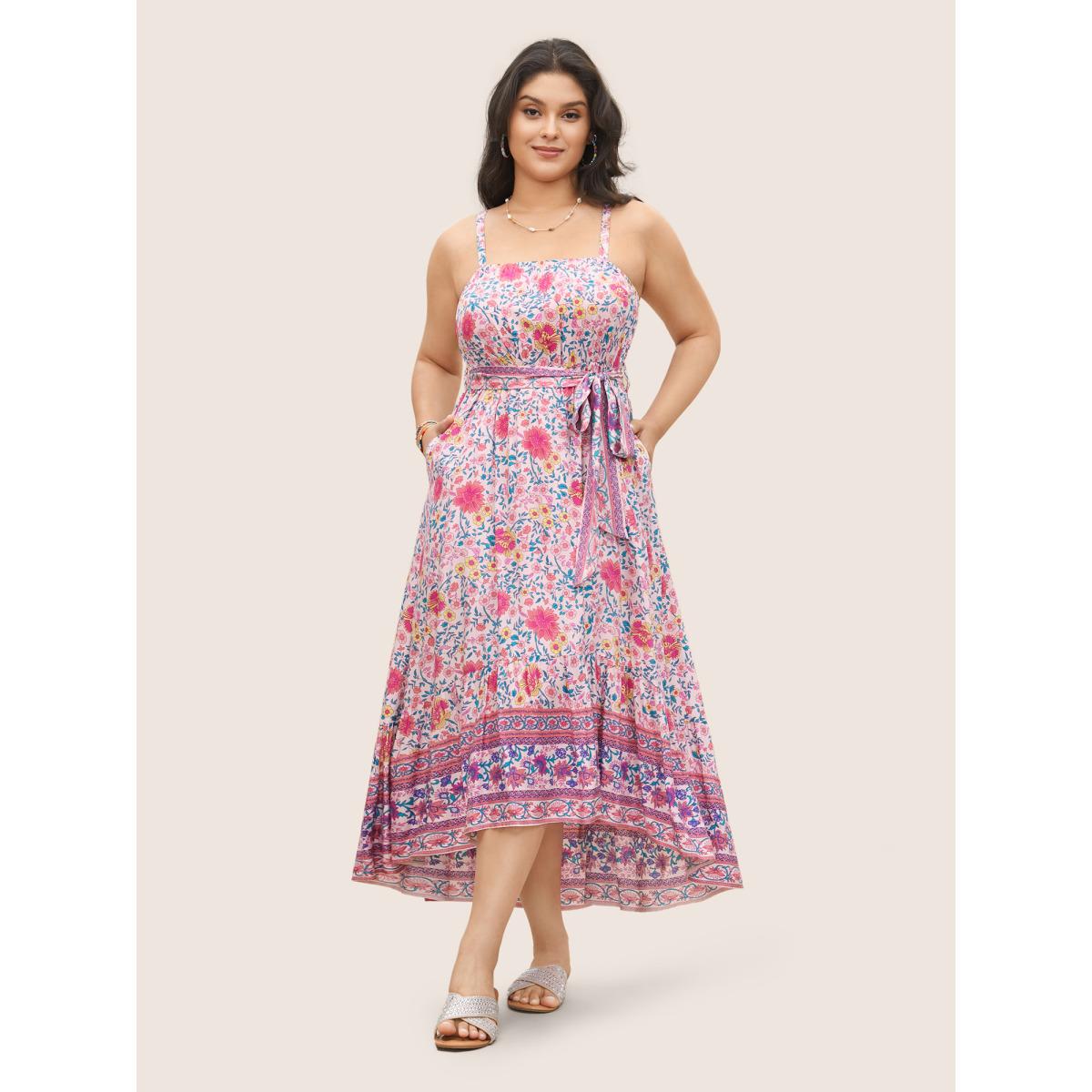 Plus Size Floral Elastic Waist Patchwork Cami Dress MistyRose Women Resort Belted Non Sleeveless Curvy Midi Dress BloomChic 22-24/3X Product Image