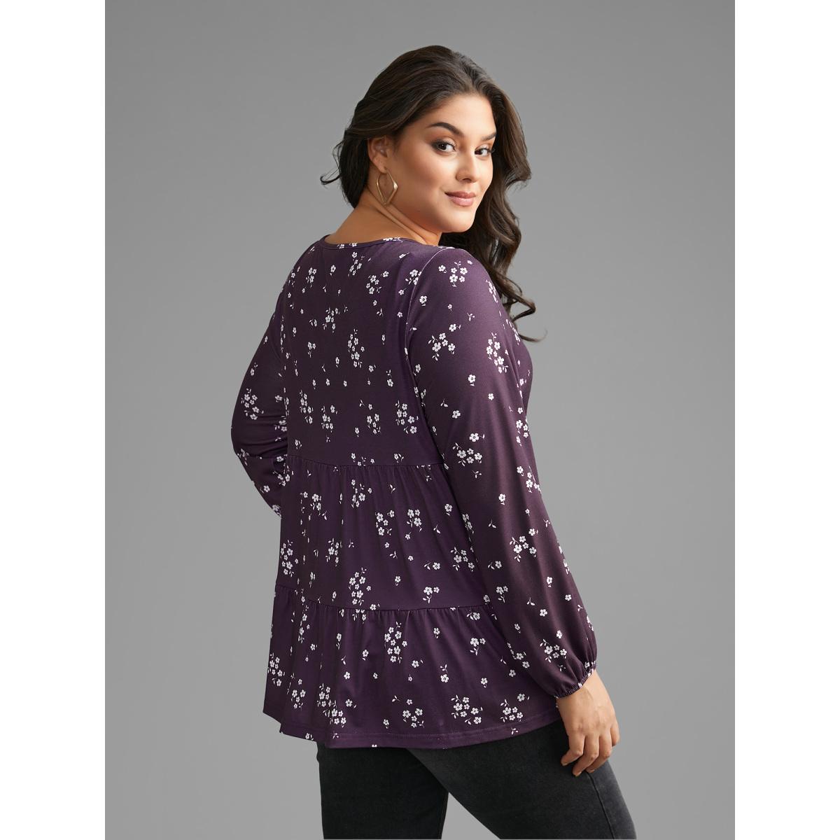 Plus Size Ditsy Floral Gathered Ruffle Hem T-shirt Eggplant Women Casual Gathered Natural Flowers Round Neck Loose Everyday T-shirts BloomChic 14-16/1X Product Image