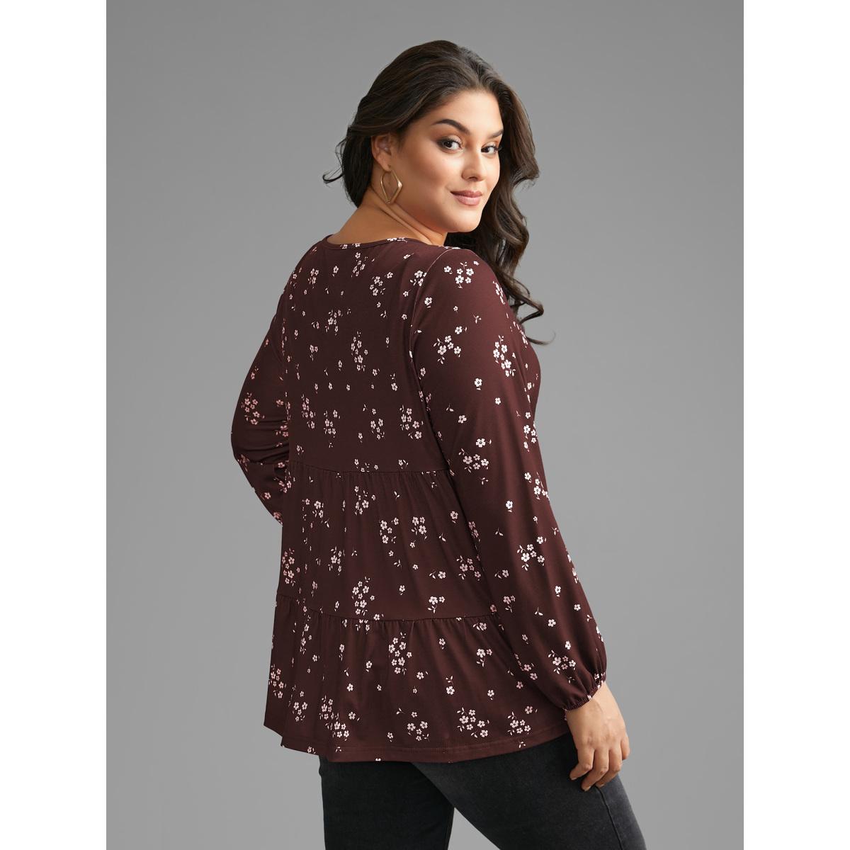 Plus Size Ditsy Floral Gathered Ruffle Hem T-shirt Burgundy Women Casual Gathered Natural Flowers Round Neck Loose Everyday T-shirts BloomChic 28/5X Product Image