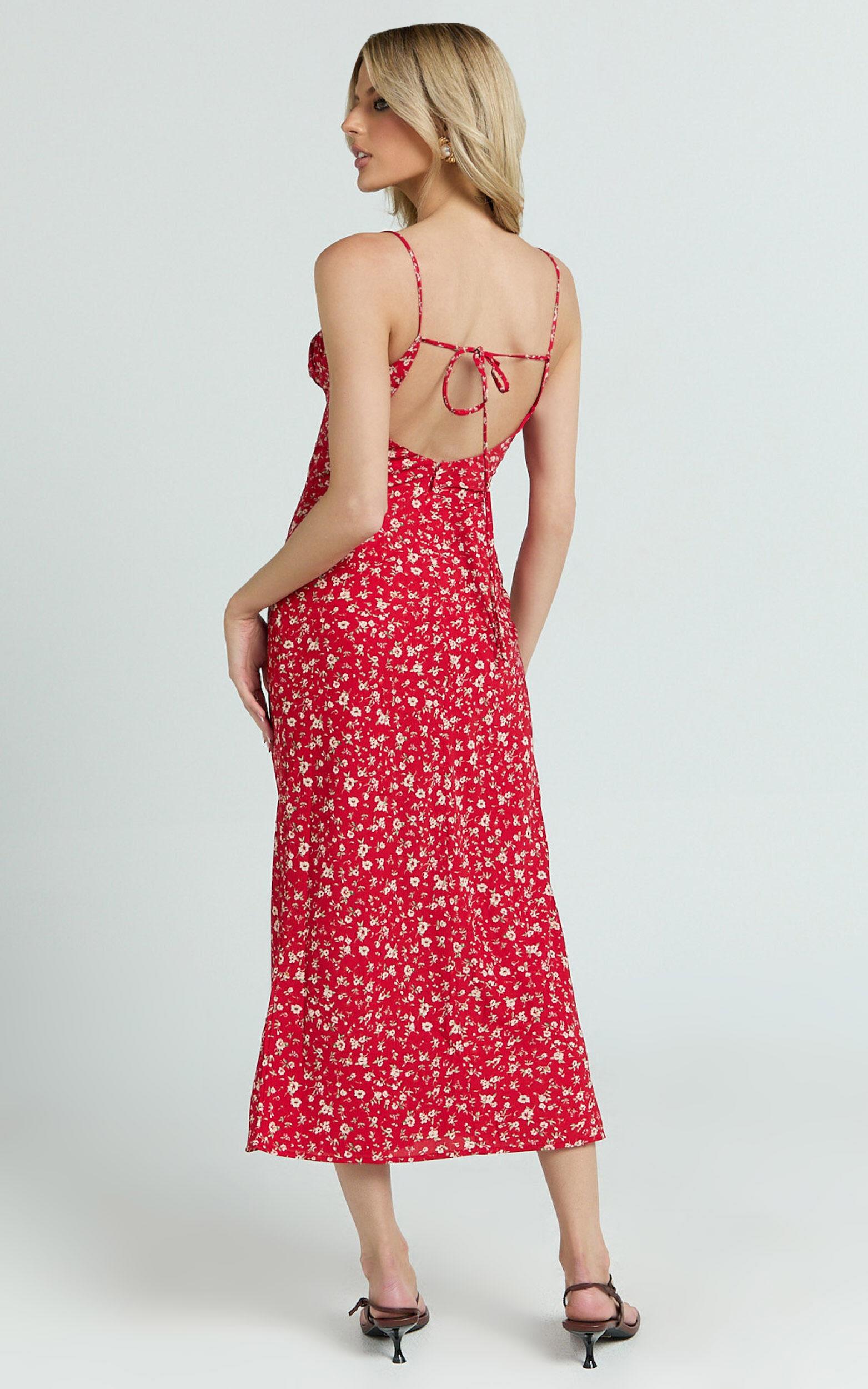 Hilton Midi Dress - Ruched Bust Slip Dress in Red Floral Product Image