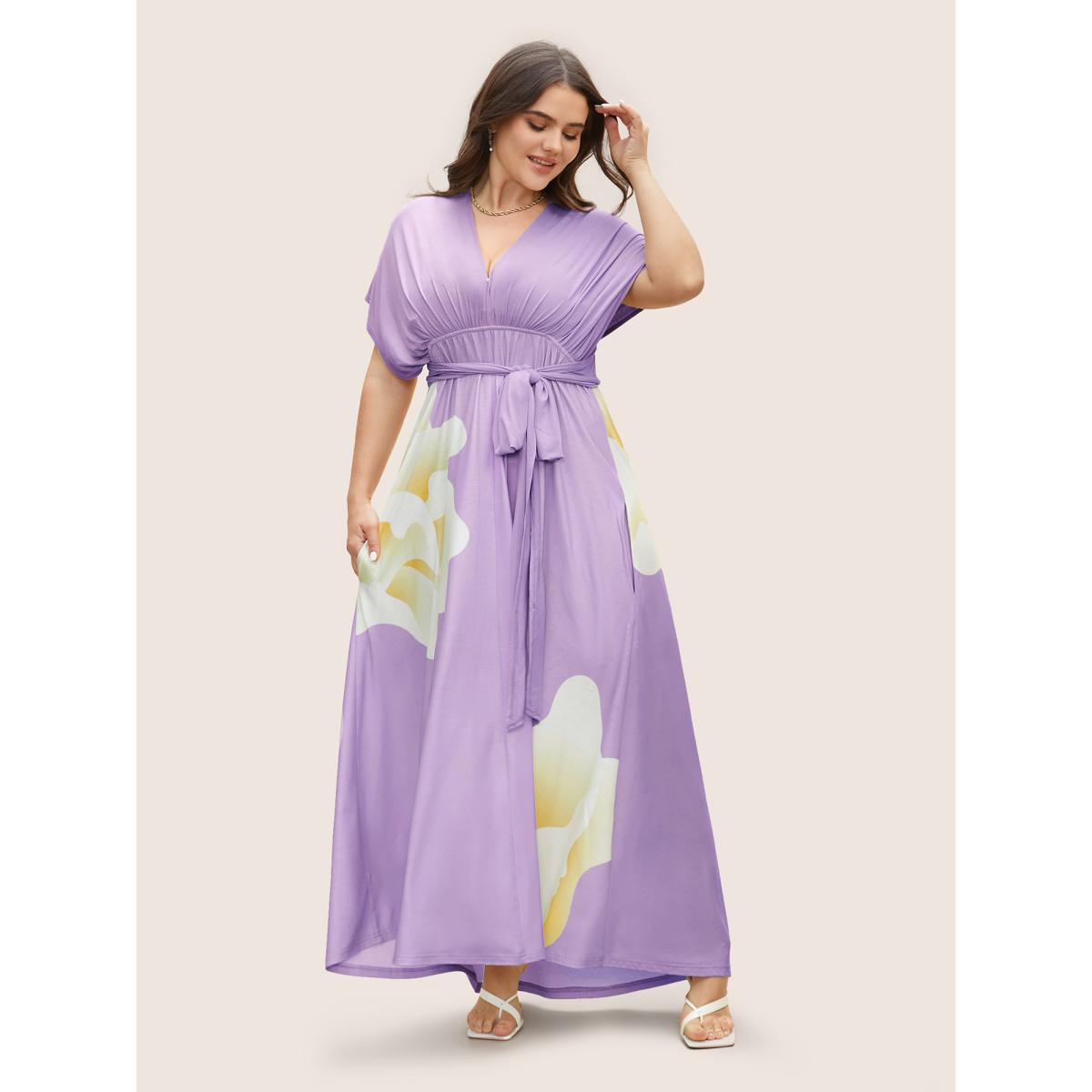 Plus Size Everywhere Dress - Floral Mesh Ties Dress Lilac Women Elegant Belted Non Sleeveless Curvy BloomChic 18-20/2X Product Image