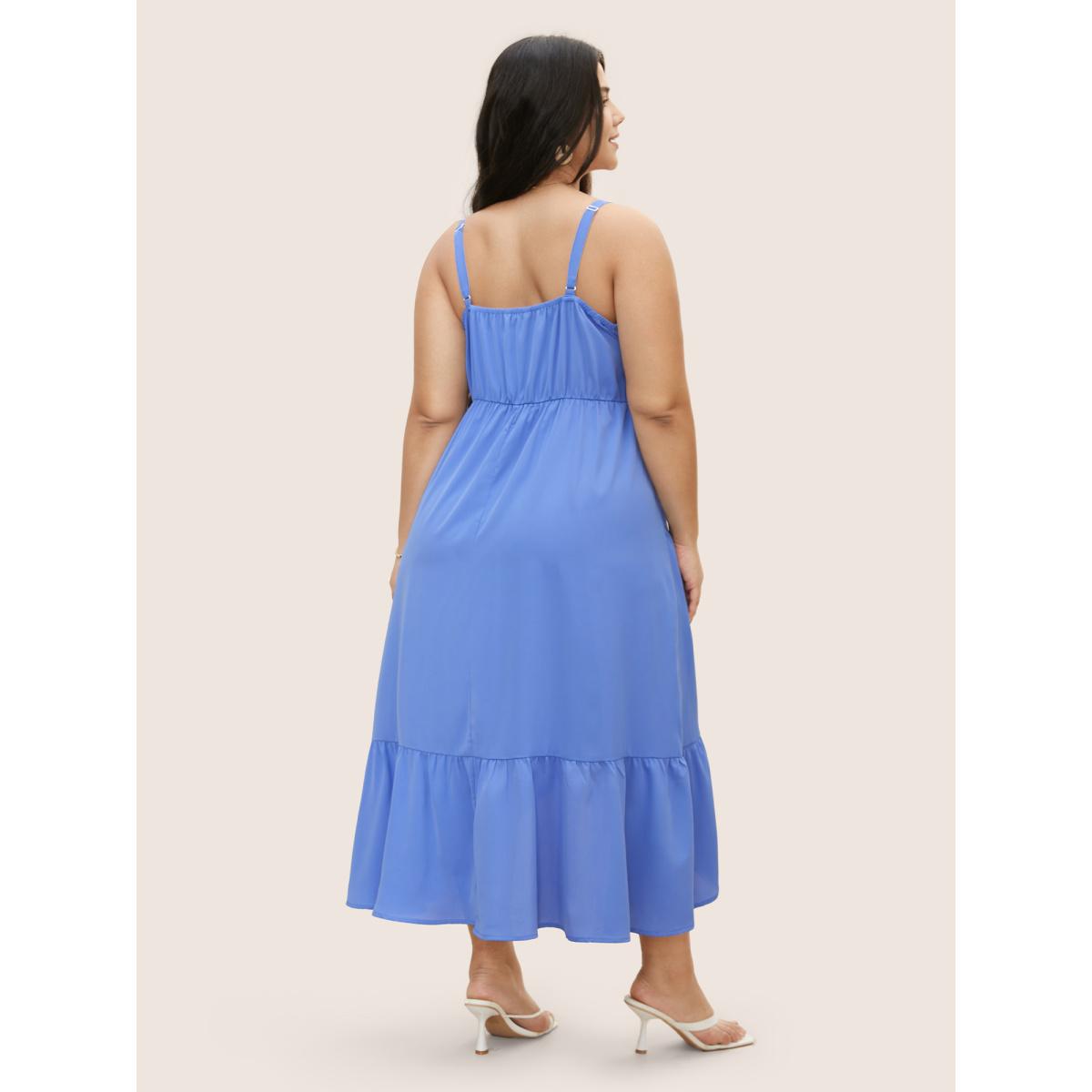 Plus Size Solid Patchwork Ruffle Hem Midi Dress Skyblue Women Elegant Ruffles V-neck Sleeveless Curvy BloomChic 14-16/1X Product Image