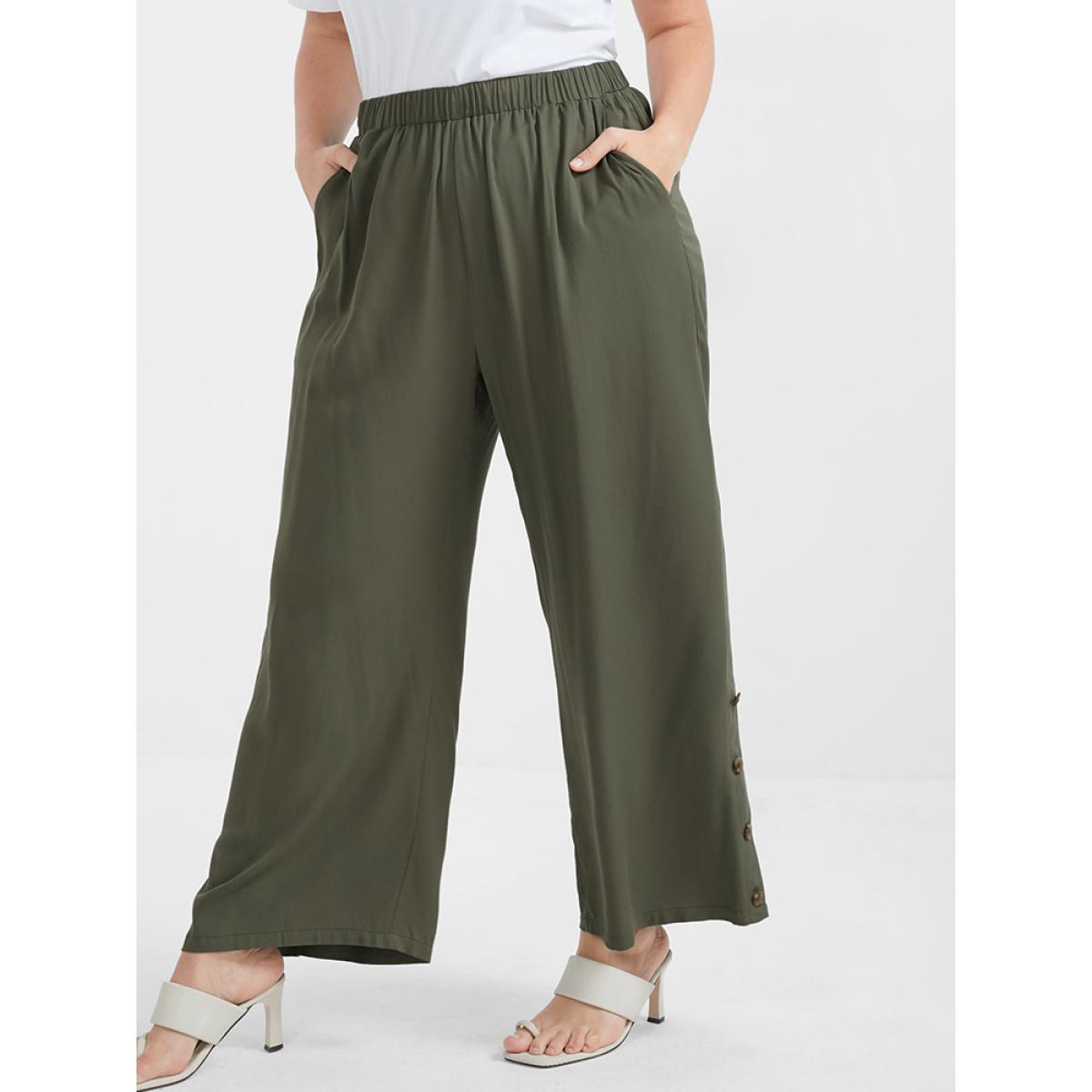 Plus Size Solid Button Elastic Waist Pocket Loose Pants Women ArmyGreen Elegant High Rise Dailywear Pants BloomChic 18-20/2X Product Image
