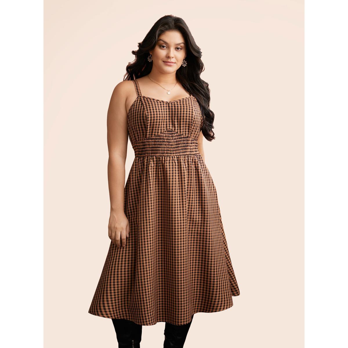 Plus Size Cami Pumpkin Color Grid Waist Midi Dress Brightorange Women Cocktail Shirred Party Curvy Bloomchic 18-20/2X Product Image