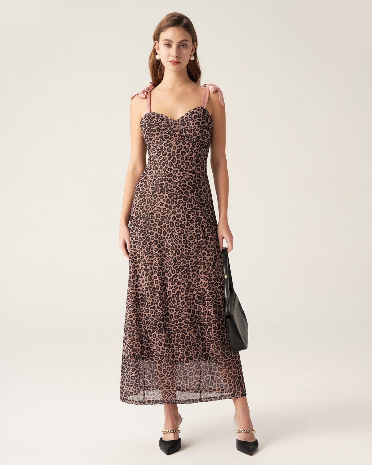 Brown Leopard Sweetheart Neck Slip Maxi Dress Product Image