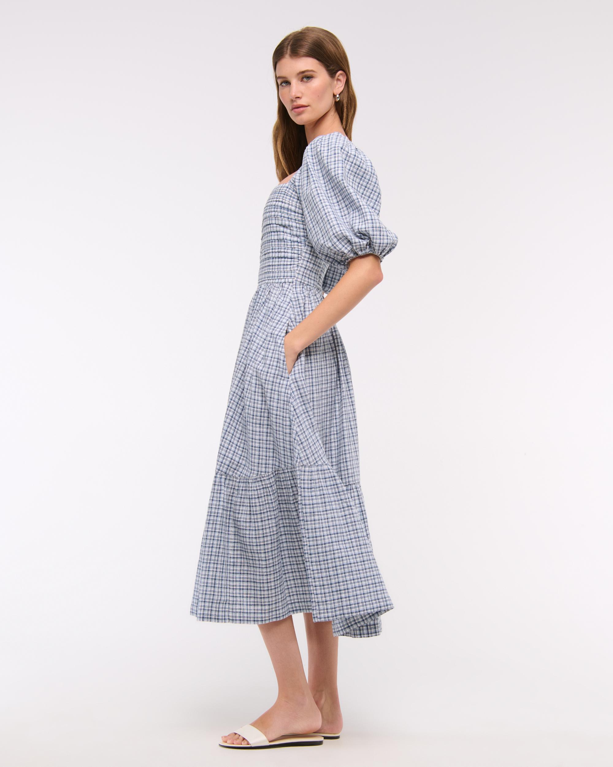 The A&F Emerson Linen-Blend Puff Sleeve Midi Dress Product Image