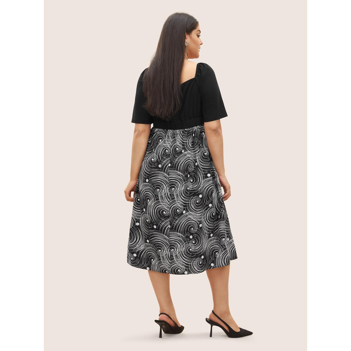 Plus Size Figurative Print Patchwork Pleated Square Neck Dress Black Women At the Office Gathered Square Neck Short sleeve Curvy Midi Dress BloomChic 14-16/1X Product Image