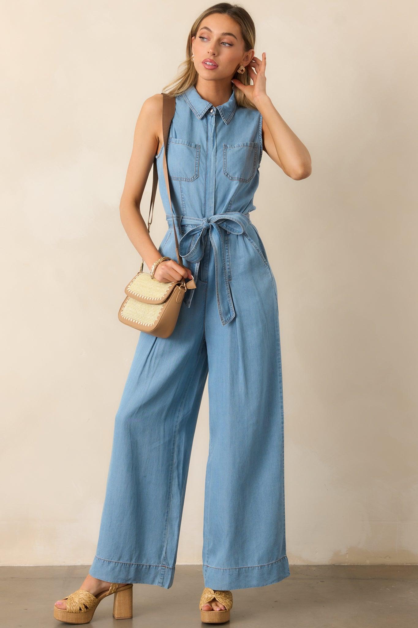 Best Foot Forward Blue Chambray Sleeveless Jumpsuit Product Image